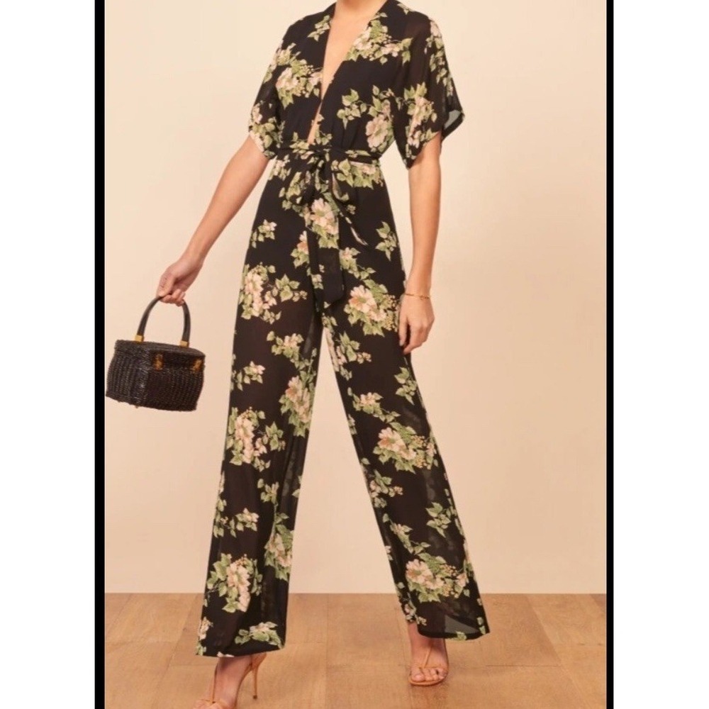 REFORMATION Lemongrass Black Wide-Leg Jumpsuit in Regalia Purple Floral Size 12